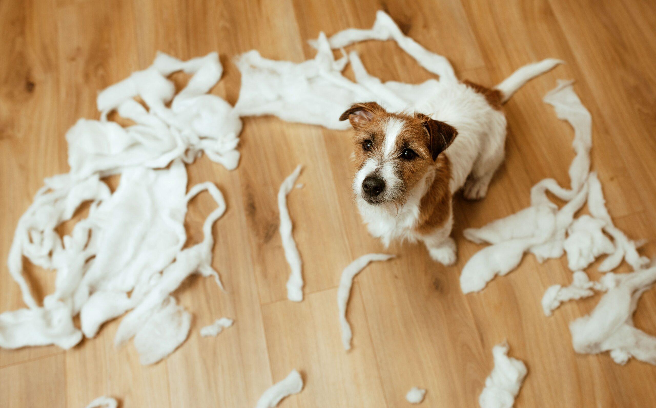 Ein Hund schaut in die Kamera, um ihn herum ist ein zerstörtes Kissen.